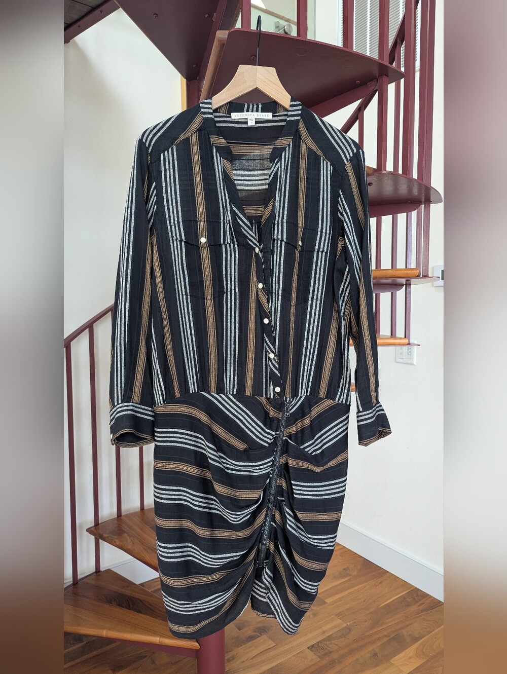 Veronica Beard Black, Brown and White Striped Long-Sleeve Shirt Dress